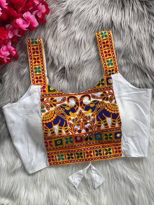 White heavy kutchi embroidery magic cotton navratri readymade blouse with elephant mirror work 2