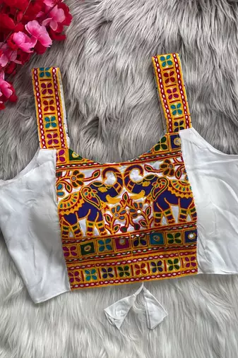 White heavy kutchi embroidery magic cotton navratri readymade blouse with elephant mirror work