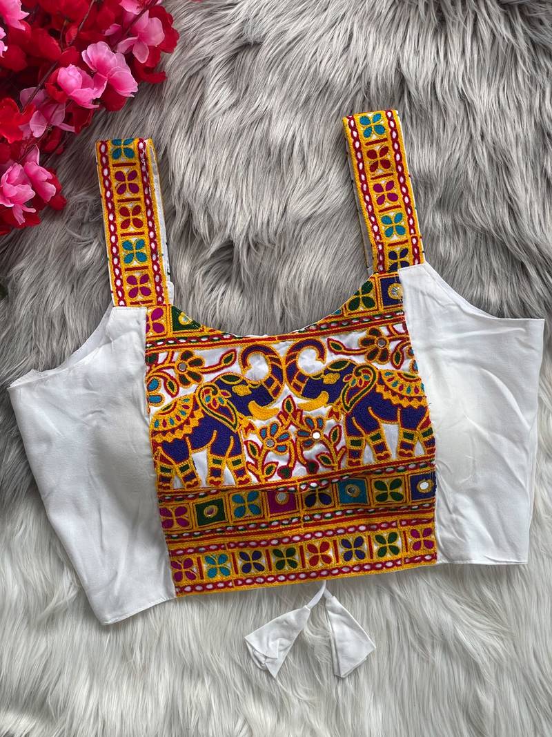 White heavy kutchi embroidery magic cotton navratri readymade blouse with elephant mirror work