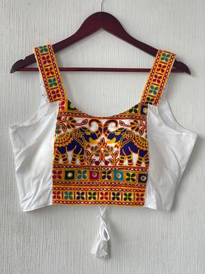 White heavy kutchi embroidery magic cotton navratri readymade blouse with elephant mirror work 3