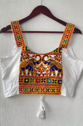 White heavy kutchi embroidery magic cotton navratri readymade blouse with elephant mirror work