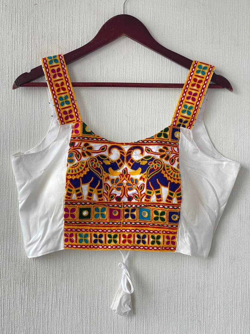 White heavy kutchi embroidery magic cotton navratri readymade blouse with elephant mirror work