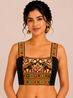 Black heavy kutchi embroidery magic cotton navratri readymade blouse with elephant mirror work 1