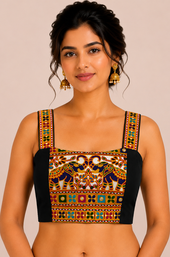 Black heavy kutchi embroidery magic cotton navratri readymade blouse with elephant mirror work