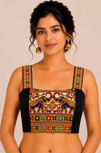 Black heavy kutchi embroidery magic cotton navratri readymade blouse with elephant mirror work