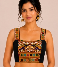 Black heavy kutchi embroidery magic cotton navratri readymade blouse with elephant mirror work