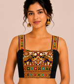 Black heavy kutchi embroidery magic cotton navratri readymade blouse with elephant mirror work