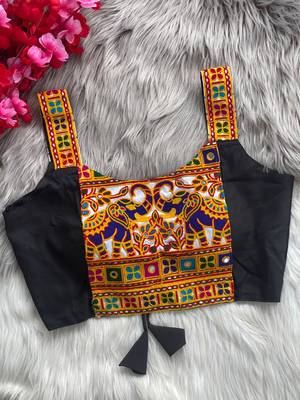 Black heavy kutchi embroidery magic cotton navratri readymade blouse with elephant mirror work 2