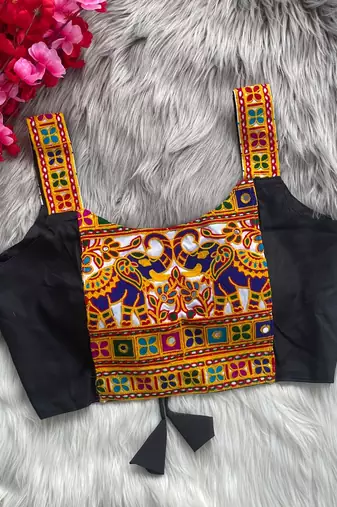Black heavy kutchi embroidery magic cotton navratri readymade blouse with elephant mirror work