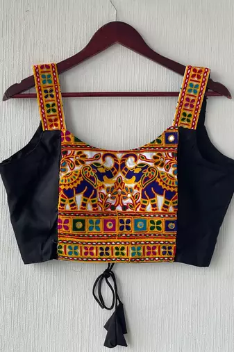 Black heavy kutchi embroidery magic cotton navratri readymade blouse with elephant mirror work