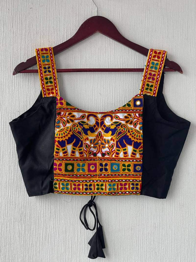 Black heavy kutchi embroidery magic cotton navratri readymade blouse with elephant mirror work