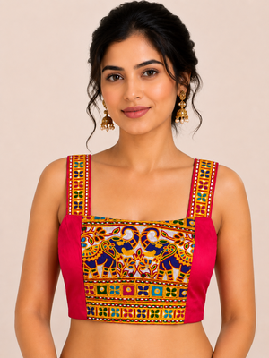 Rani pink heavy kutchi embroidery magic cotton readymade navratri blouse with elephant mirror work 1
