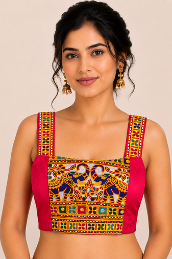 Rani pink heavy kutchi embroidery magic cotton readymade navratri blouse with elephant mirror work