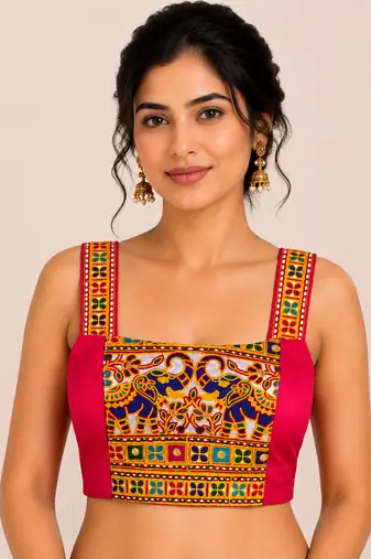 Rani pink heavy kutchi embroidery magic cotton readymade navratri blouse with elephant mirror work