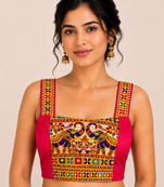 Rani pink heavy kutchi embroidery magic cotton readymade navratri blouse with elephant mirror work