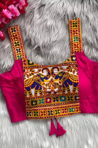 Rani pink heavy kutchi embroidery magic cotton readymade navratri blouse with elephant mirror work