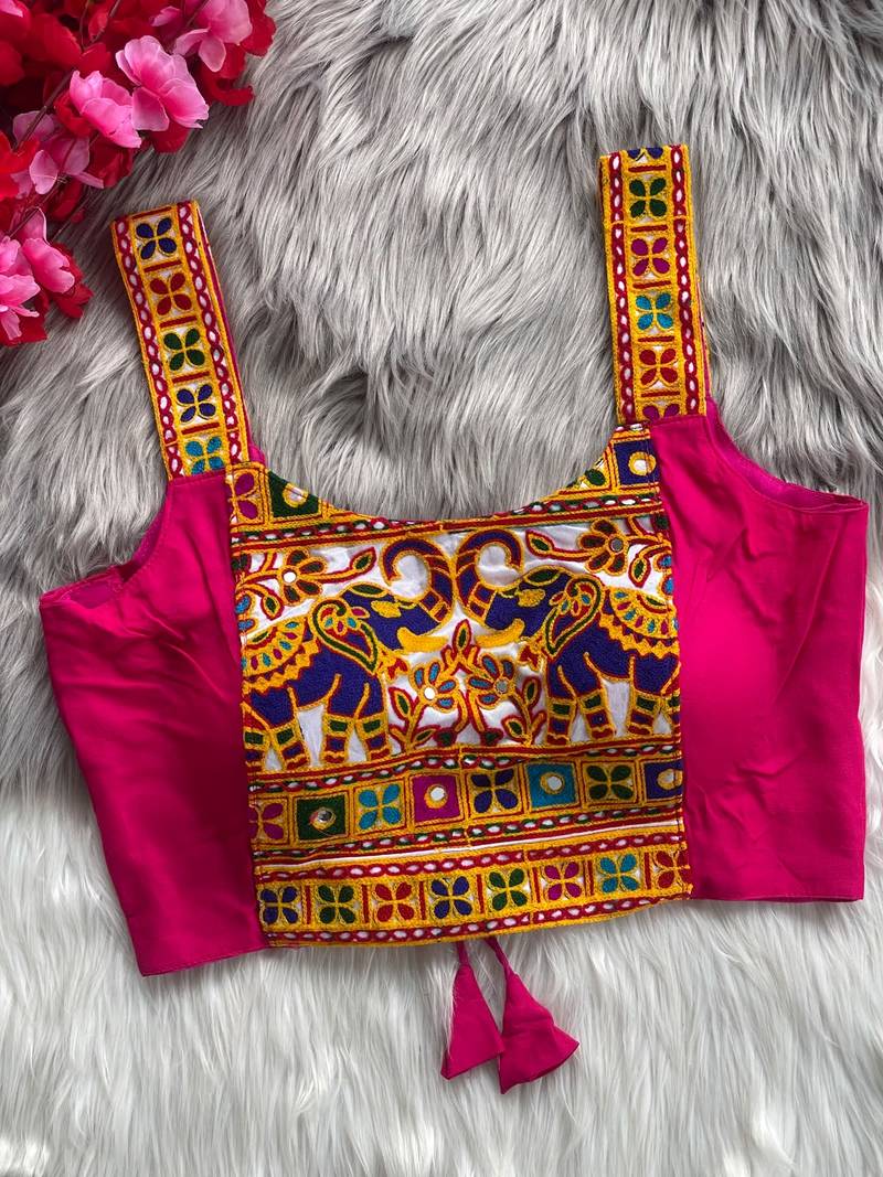 Rani pink heavy kutchi embroidery magic cotton readymade navratri blouse with elephant mirror work
