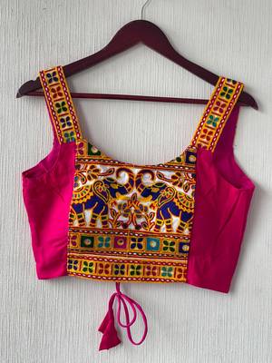 Rani pink heavy kutchi embroidery magic cotton readymade navratri blouse with elephant mirror work 3