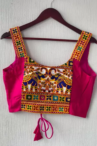 Rani pink heavy kutchi embroidery magic cotton readymade navratri blouse with elephant mirror work