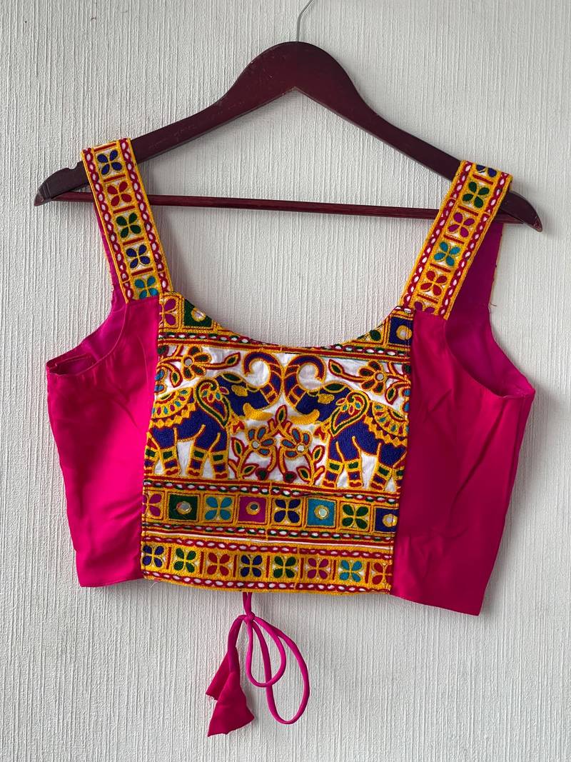 Rani pink heavy kutchi embroidery magic cotton readymade navratri blouse with elephant mirror work