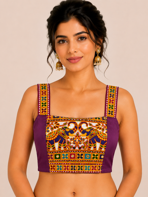 Purple heavy kutchi embroidery magic cotton navratri readymade blouse with elephant mirror work 1