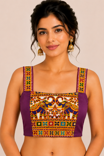 Purple heavy kutchi embroidery magic cotton navratri readymade blouse with elephant mirror work