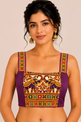 Purple heavy kutchi embroidery magic cotton navratri readymade blouse with elephant mirror work