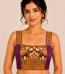 Purple heavy kutchi embroidery magic cotton navratri readymade blouse with elephant mirror work