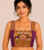 Purple heavy kutchi embroidery magic cotton navratri readymade blouse with elephant mirror work