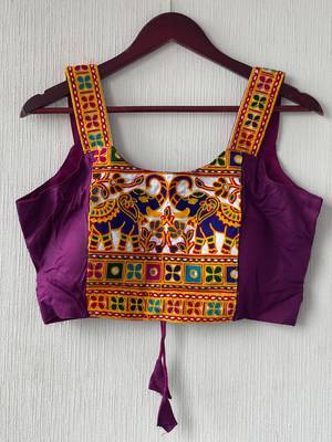 Purple heavy kutchi embroidery magic cotton navratri readymade blouse with elephant mirror work 2