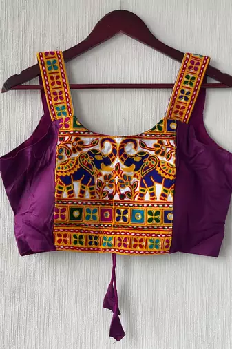 Purple heavy kutchi embroidery magic cotton navratri readymade blouse with elephant mirror work