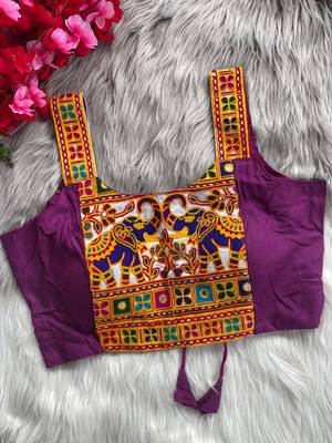 Purple heavy kutchi embroidery magic cotton navratri readymade blouse with elephant mirror work 3