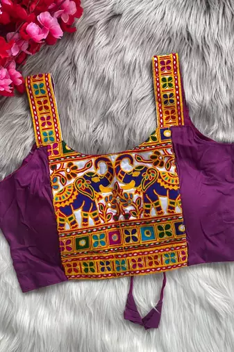 Purple heavy kutchi embroidery magic cotton navratri readymade blouse with elephant mirror work