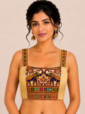 Beige heavy kutchi embroidery magic cotton navratri readymade blouse with elephant mirror work 1
