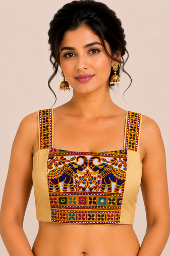 Beige heavy kutchi embroidery magic cotton navratri readymade blouse with elephant mirror work