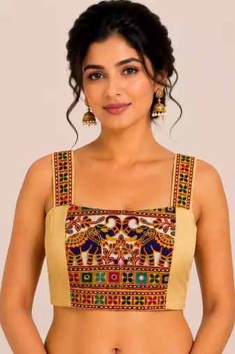 Beige heavy kutchi embroidery magic cotton navratri readymade blouse with elephant mirror work