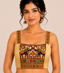 Beige heavy kutchi embroidery magic cotton navratri readymade blouse with elephant mirror work