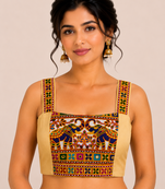 Beige heavy kutchi embroidery magic cotton navratri readymade blouse with elephant mirror work