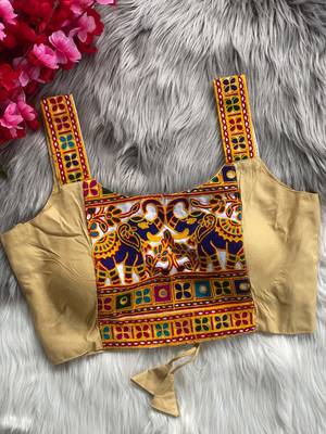 Beige heavy kutchi embroidery magic cotton navratri readymade blouse with elephant mirror work 2