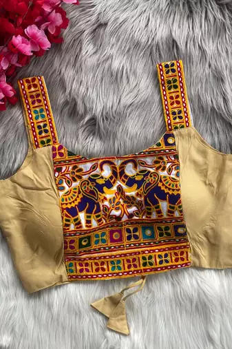 Beige heavy kutchi embroidery magic cotton navratri readymade blouse with elephant mirror work