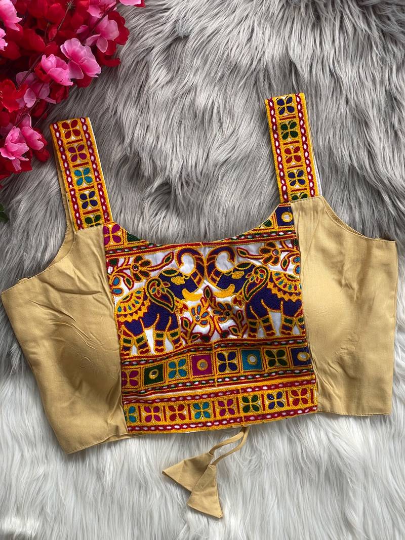 Beige heavy kutchi embroidery magic cotton navratri readymade blouse with elephant mirror work