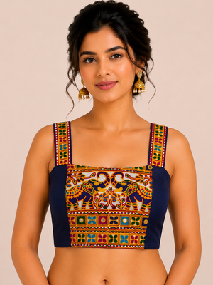 Navy blue heavy kutchi embroidery magic cotton navratri readymade blouse with elephant mirror work 1