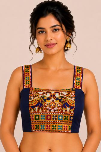 Navy blue heavy kutchi embroidery magic cotton navratri readymade blouse with elephant mirror work