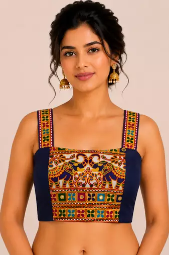 Navy blue heavy kutchi embroidery magic cotton navratri readymade blouse with elephant mirror work