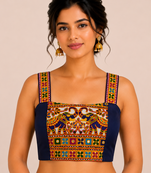 Navy blue heavy kutchi embroidery magic cotton navratri readymade blouse with elephant mirror work