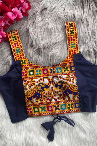 Navy blue heavy kutchi embroidery magic cotton navratri readymade blouse with elephant mirror work
