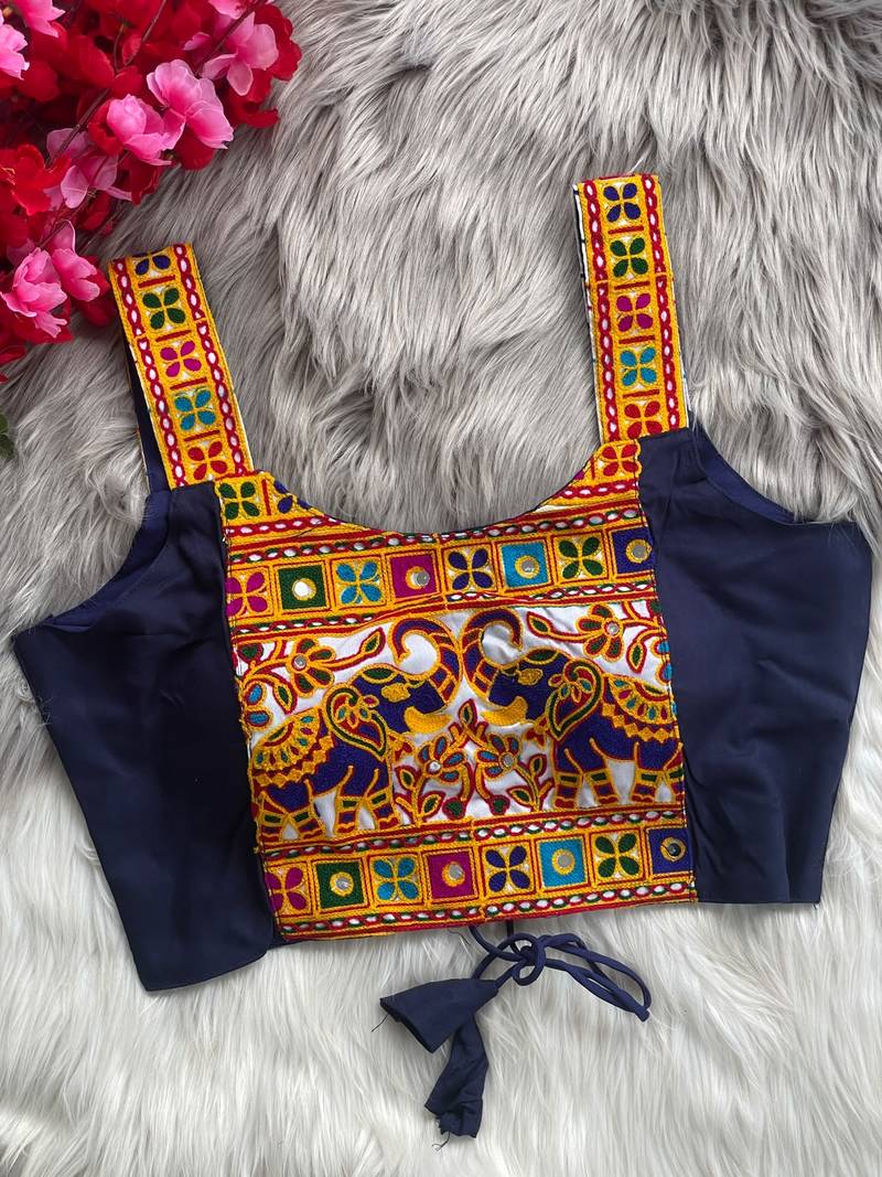 Navy blue heavy kutchi embroidery magic cotton navratri readymade blouse with elephant mirror work