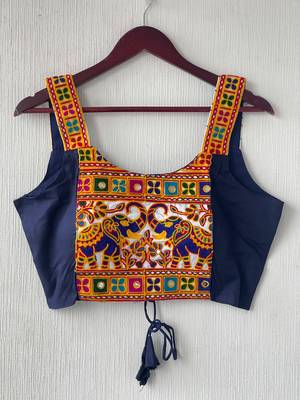Navy blue heavy kutchi embroidery magic cotton navratri readymade blouse with elephant mirror work 3