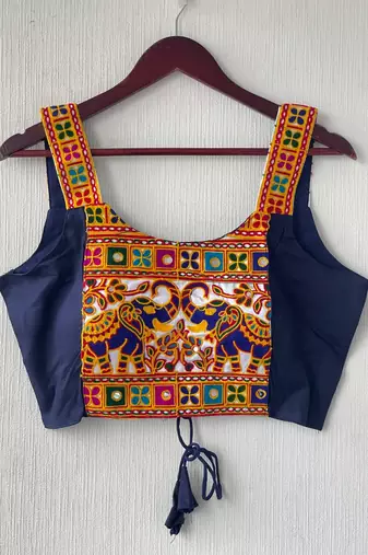 Navy blue heavy kutchi embroidery magic cotton navratri readymade blouse with elephant mirror work