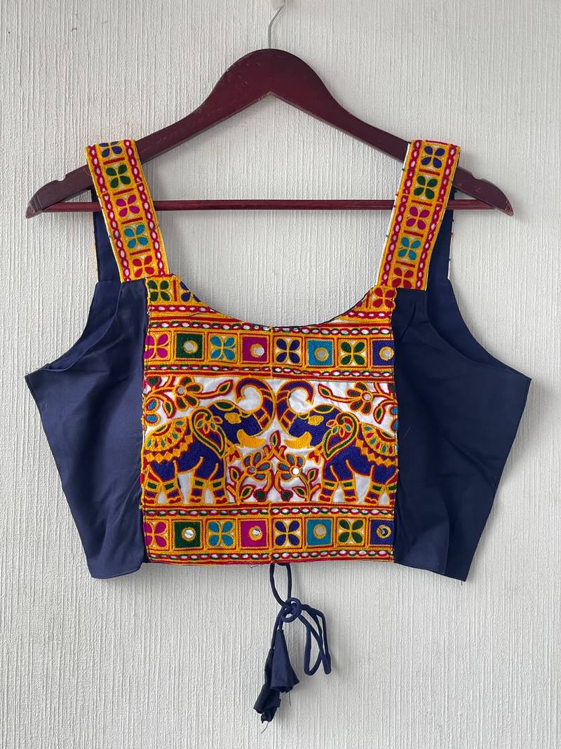 Navy blue heavy kutchi embroidery magic cotton navratri readymade blouse with elephant mirror work